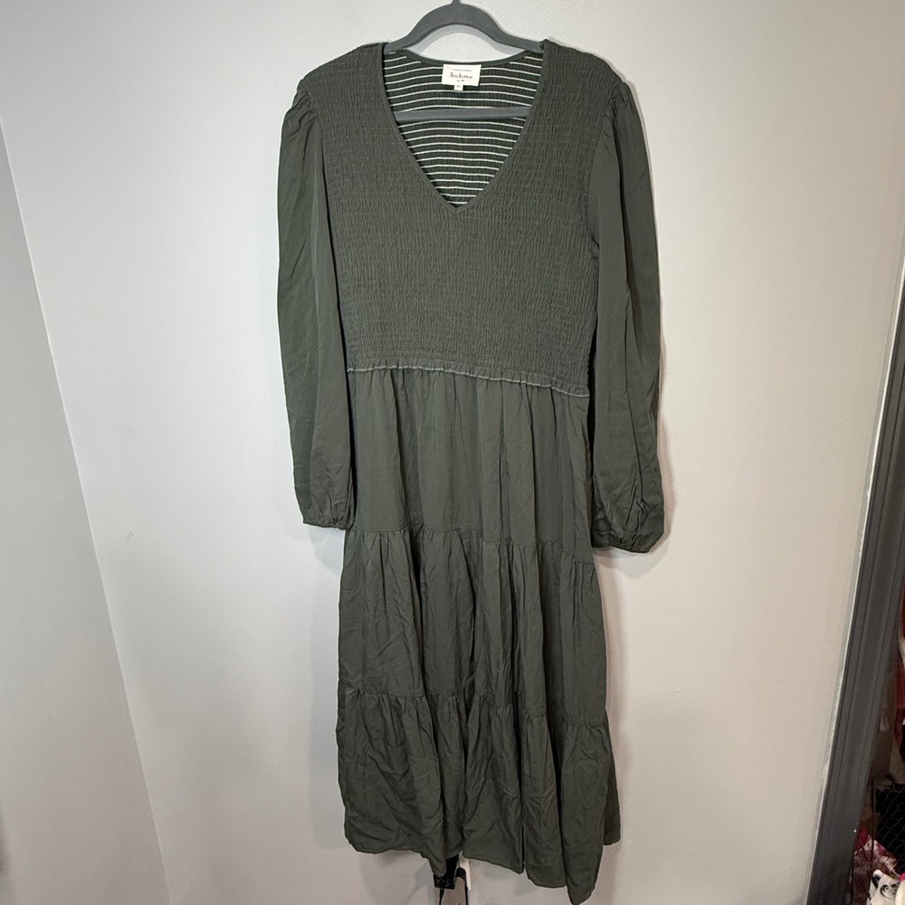 Bohme Olive Green Smocked Tiered Midi Dress V-Neck Long Sleeve ND32036 XL